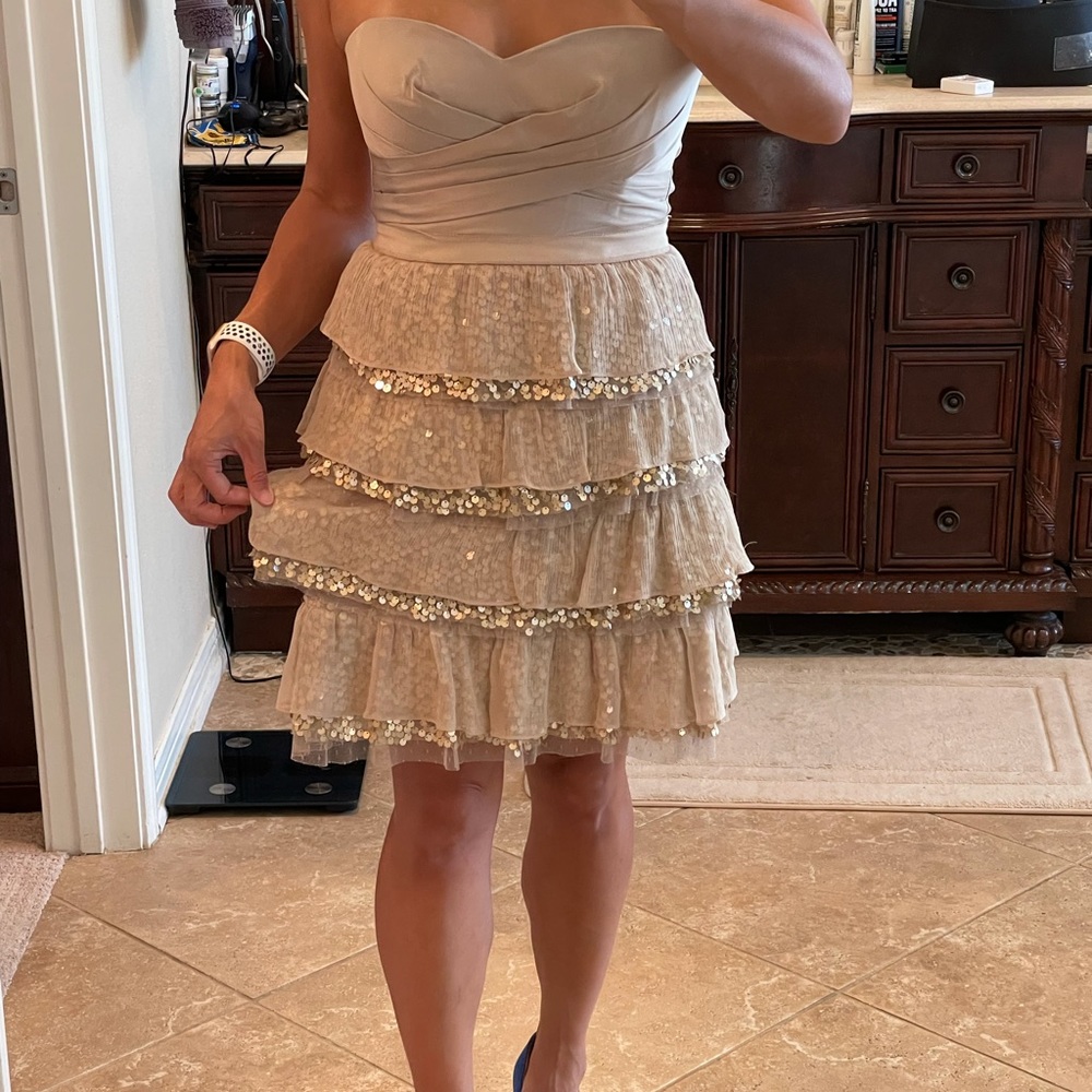 BCBG Maxazria gold cocktail dress